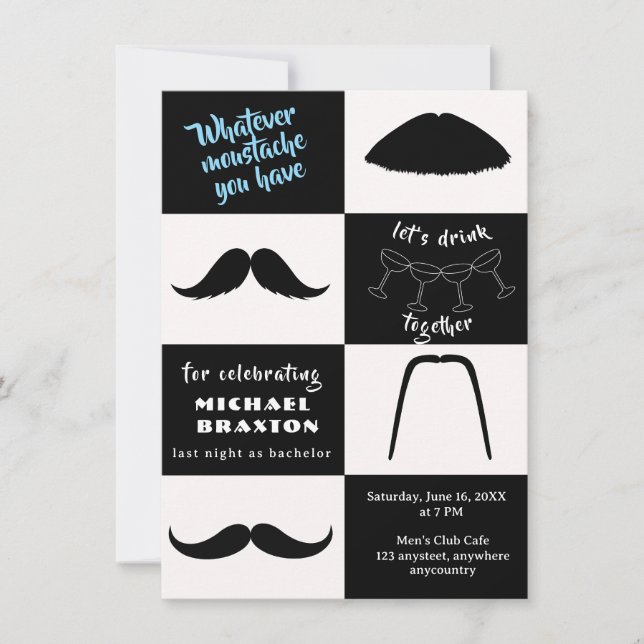 Black and White Moustache Styles Bachelor Party Invitation (Front)