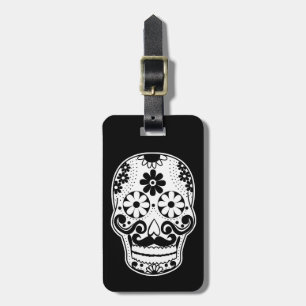 Black and White Moustache Sugar Skull Luggage Tag