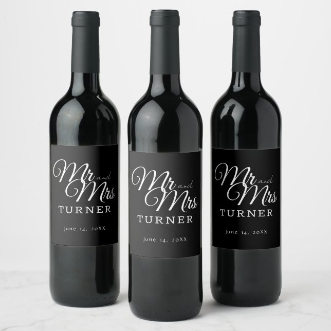 Black and White Mr and Mrs Wedding Wine Label (Bottles)
