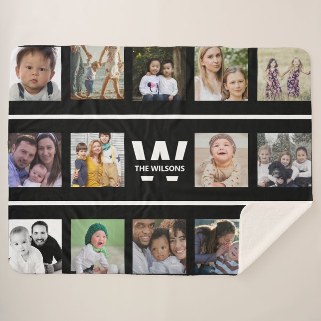 Black and White Multiple Photos Custom Monogram Sherpa Blanket (Front (Horizontal))