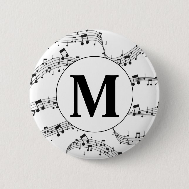 Black and White Music Note Monogram  2 Inch Round Button (Front)