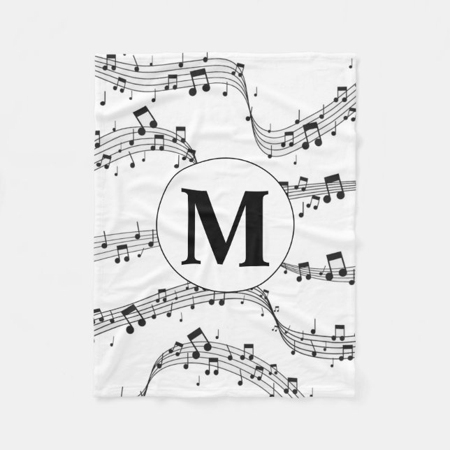 Black and White Music Note Monogram  Fleece Blanket (Front)