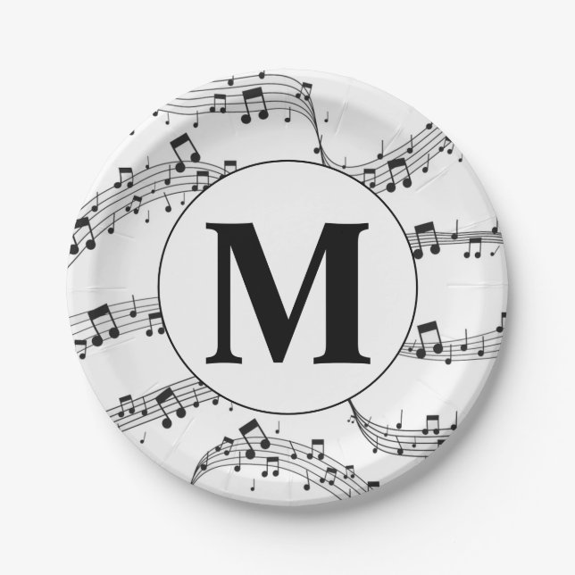 Black and White Music Note Monogram  Paper Plate (Front)