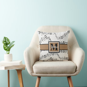 Black and white Music note Musician Monogram Throw Pillow
