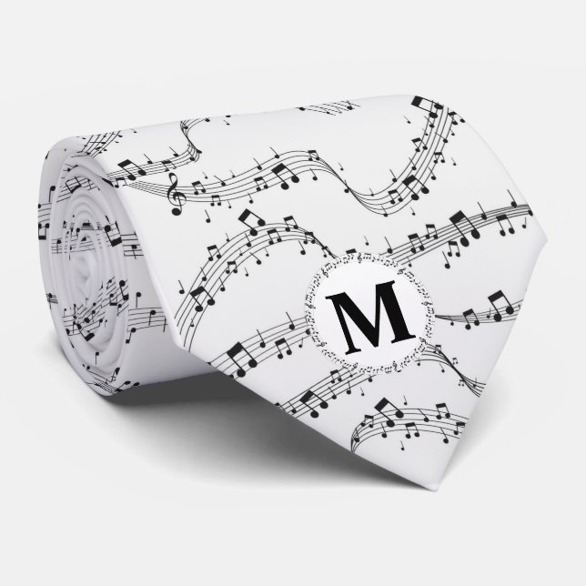 Black and White music note musician monogram Tie (Rolled)