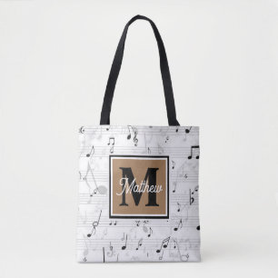Black and White Music note Musician Monogram Tote Bag