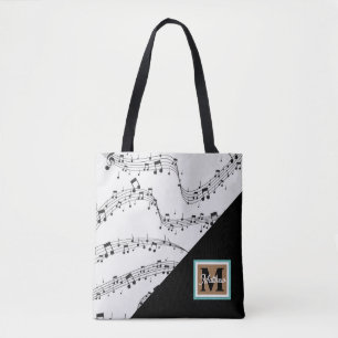 black and white Music note Musician Monogram  Tote Bag