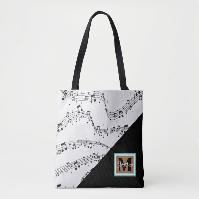 black and white Music note Musician Monogram  Tote Bag (Front)