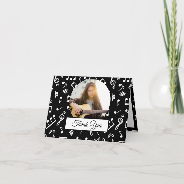 Black and White Music Note Pattern  Musician Photo Thank You Card (Front)