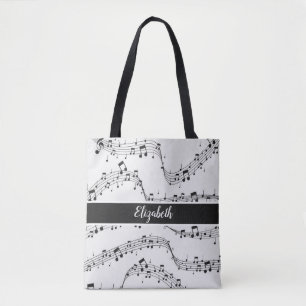 black and white music note tote bag