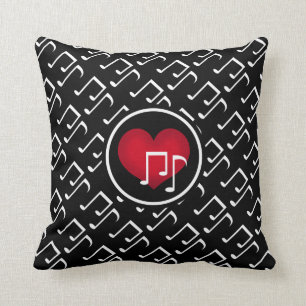 Black and white music notes and red heart throw pillow