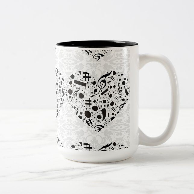 Black and White Music Notes Heart Coffee Mug (Right)