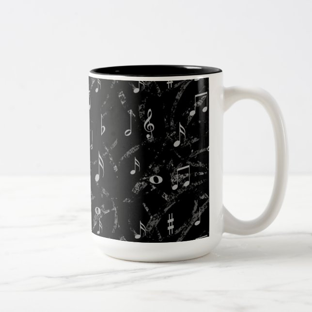 Black and White Music Notes Pattern Two-Tone Coffee Mug (Right)