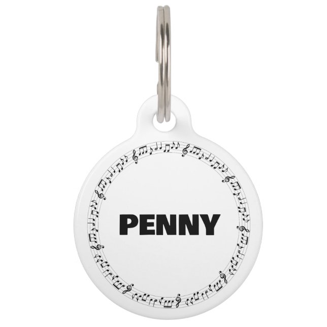 Black and White Music Notes Round Pet Tag (Front)