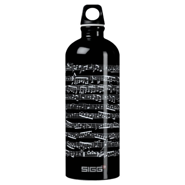 Black and white music notes water bottle (Front)