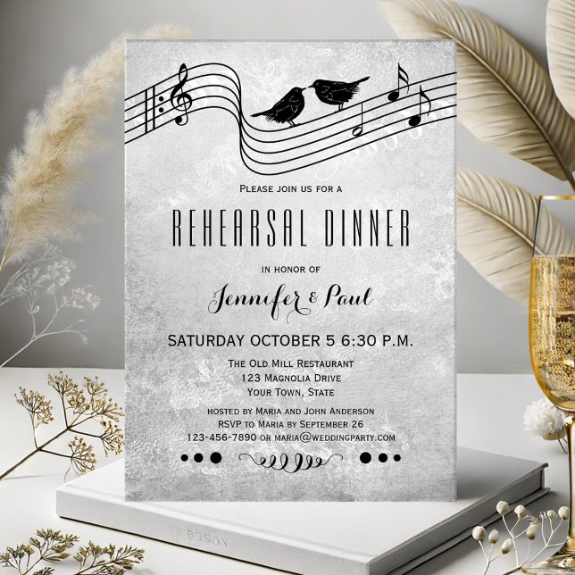 Black and White Music Rehearsal Dinner Invitation (Rehearsal Dinner invitation featuring two love birds singing on wires with musical notes)