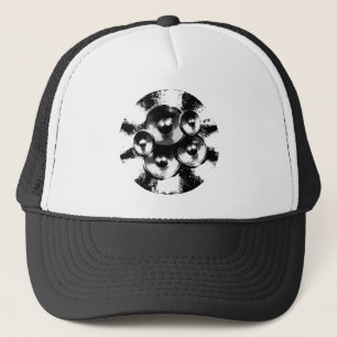 Black and white music speakers in a circle trucker hat