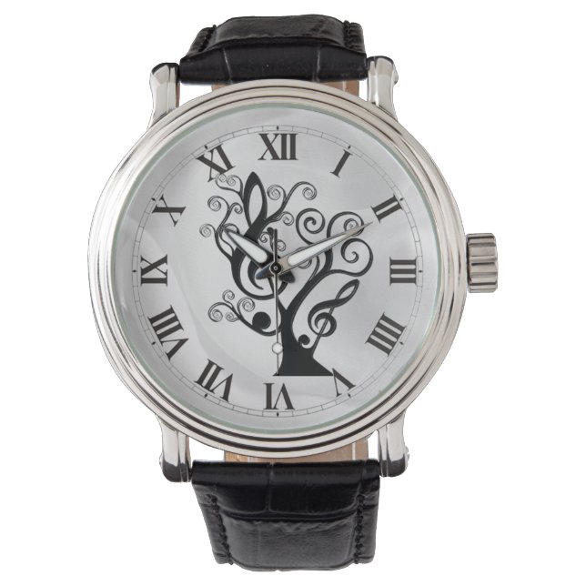 Black and White Music Treble Clef Tree Watch (Front)