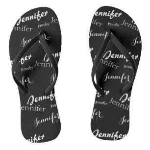 Black and white name pattern flip flops