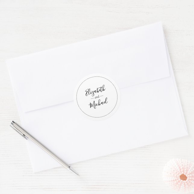 Black and White Names Wedding  Classic Round Sticker (Envelope)