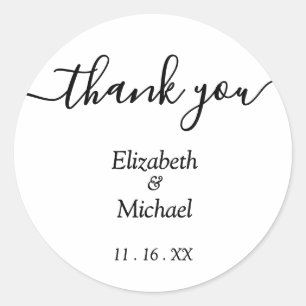 Black and White Names Wedding Classic Round Sticker