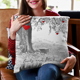 Black And White Nature With Red Hearts Throw Pillow