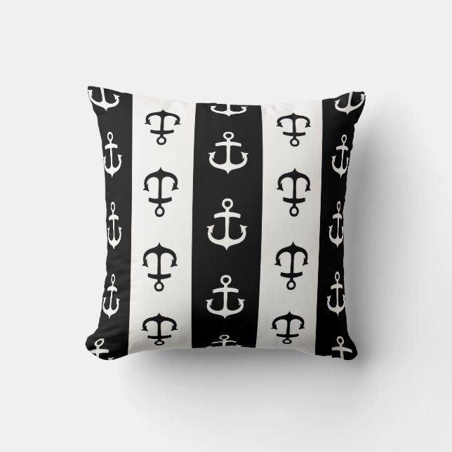 Black and White Nautical Anchor Decorative Pillow (Front)