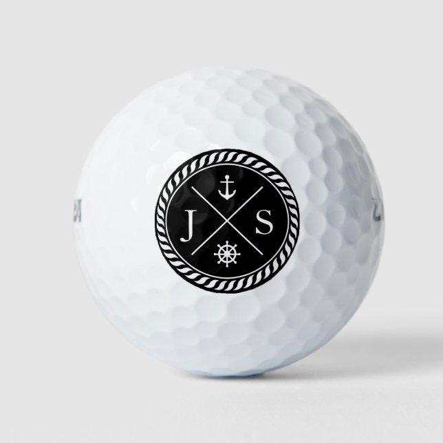 Black and White Nautical Anchor Monogram Golf Balls (Front)