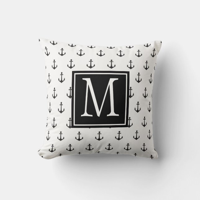 Black and White Nautical Anchor Monogram Throw Pillow (Front)