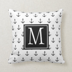 Black and White Nautical Anchor Monogram Throw Pillow