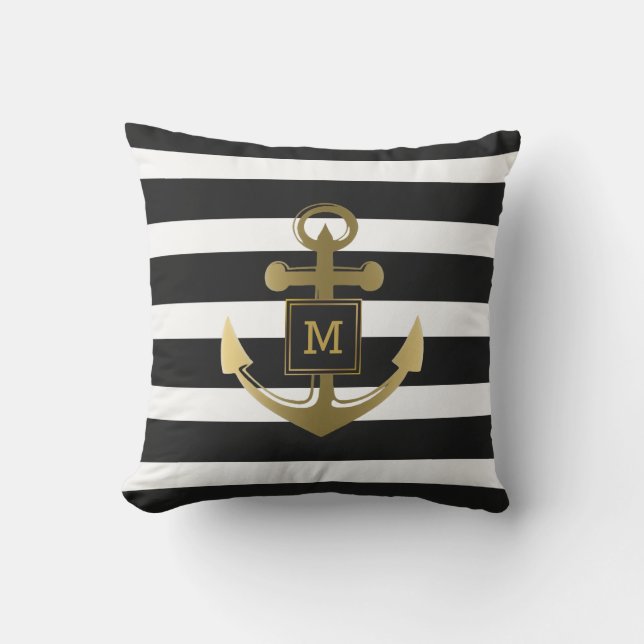 Black and White Nautical Anchor Striped Monogram Throw Pillow (Front)