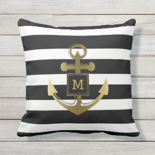 Black and White Nautical Anchor Striped Monogram Throw Pillow