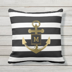 Black and White Nautical Anchor Striped Monogram Throw Pillow
