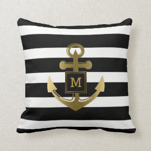 Black and White Nautical Anchor Striped Monogram Throw Pillow