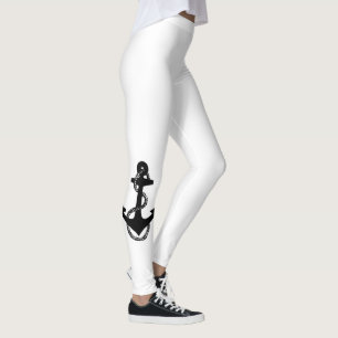 black and white nautical ANCHOR with rope Leggings