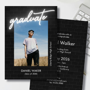 Black and white neon photo graduation invitation