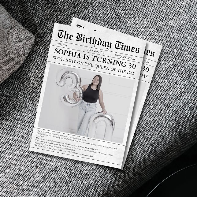 Black and white newspaper 30th Birthday  Invitation (Creator Uploaded)