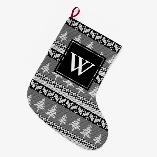 Black and White Nordic Alpine Fir Trees Monogram Large Christmas Stocking (Front (Hanging))