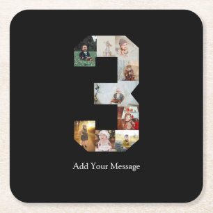 Black and White Number 3 Photo Collage Square Paper Coaster