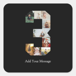 Black and White Number 3 Photo Collage Square Sticker