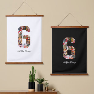 Black and White Number 6 Photo Collage Hanging Tapestry