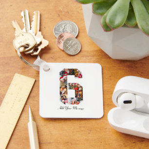 Black and White Number 6 Photo Collage Keychain
