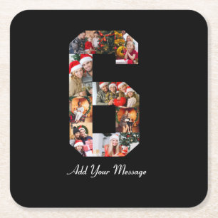Black and White Number 6 Photo Collage Square Paper Coaster