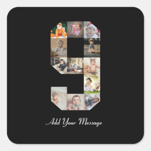 Black and White Number 9 Photo Collage Square Sticker