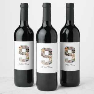 Black and White Number 9 Photo Collage Wine Label
