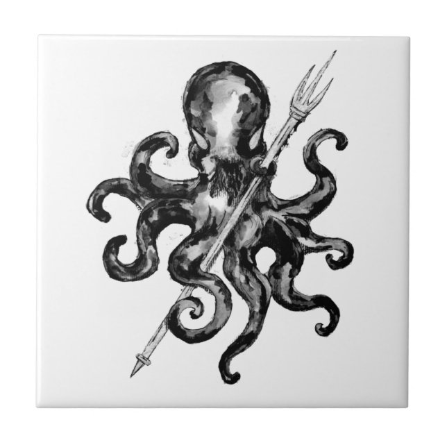 Black and White Octopus with Trident Tile (Front)