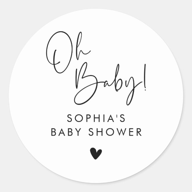 Black and White Oh Baby Modern Boho Baby Shower Classic Round Sticker (Front)