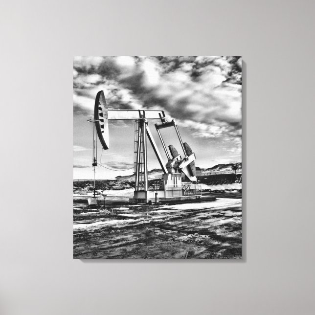 Black and White Oil Well Pumping (Pumpjack) Unit Canvas Print (Front)