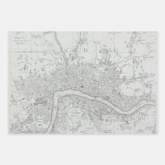 Black and White Old London City Map Wrapping Paper Sheet (Front)