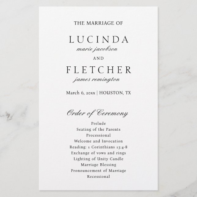 Black and White Old Money Elegant Wedding Program (Front)